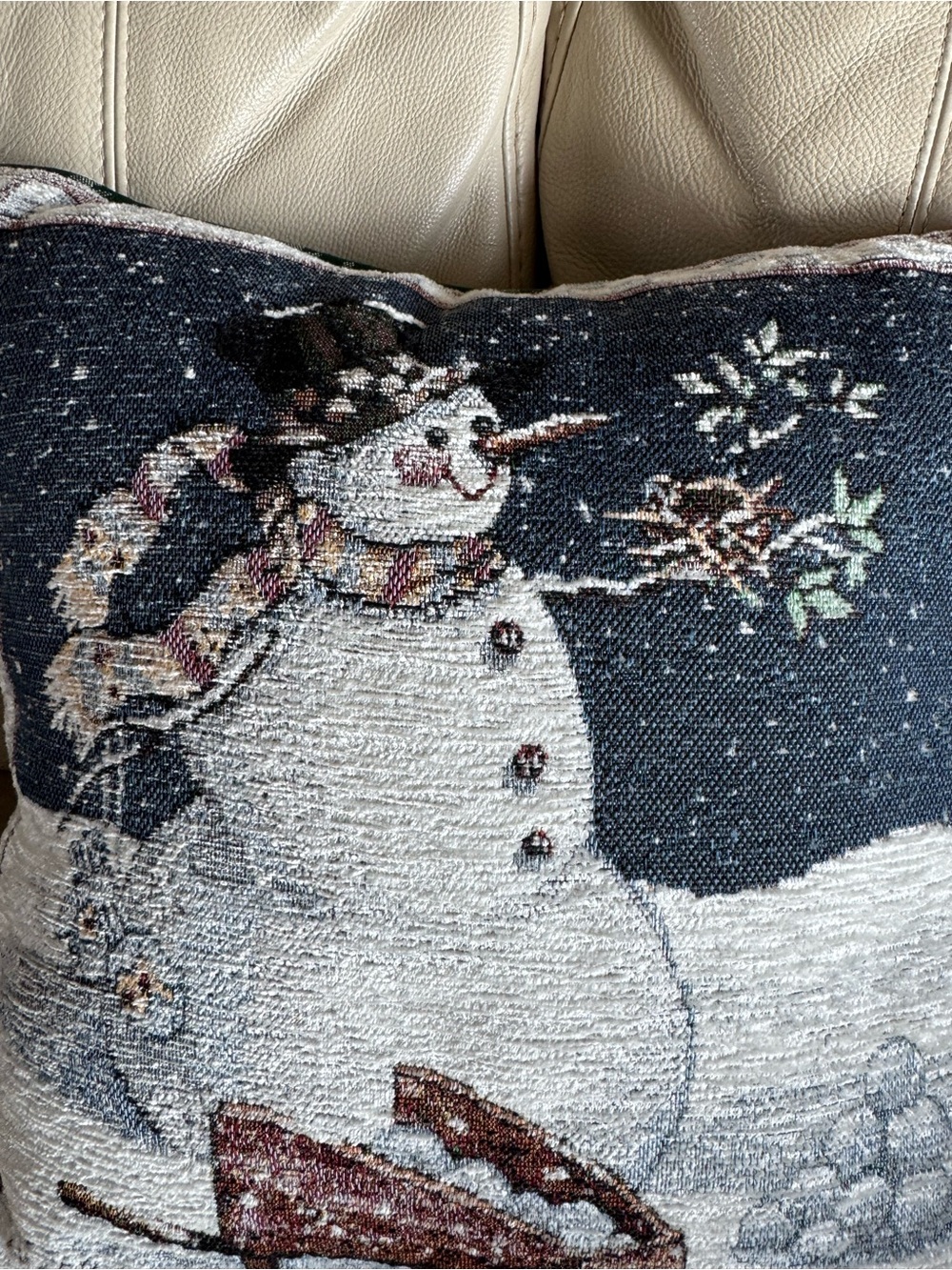 Vintage Sandi Gore Evans Come All Ye Faithful Snowman Tapestry Pillow 16in